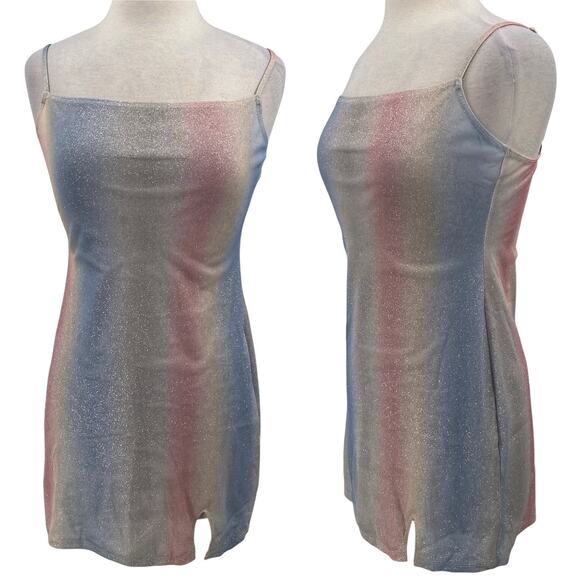 Vintage 90s Y2k Sparkle Mini Dress Glitter Ombre Stripe Silver Pink Blue Small - Picture 1 of 9